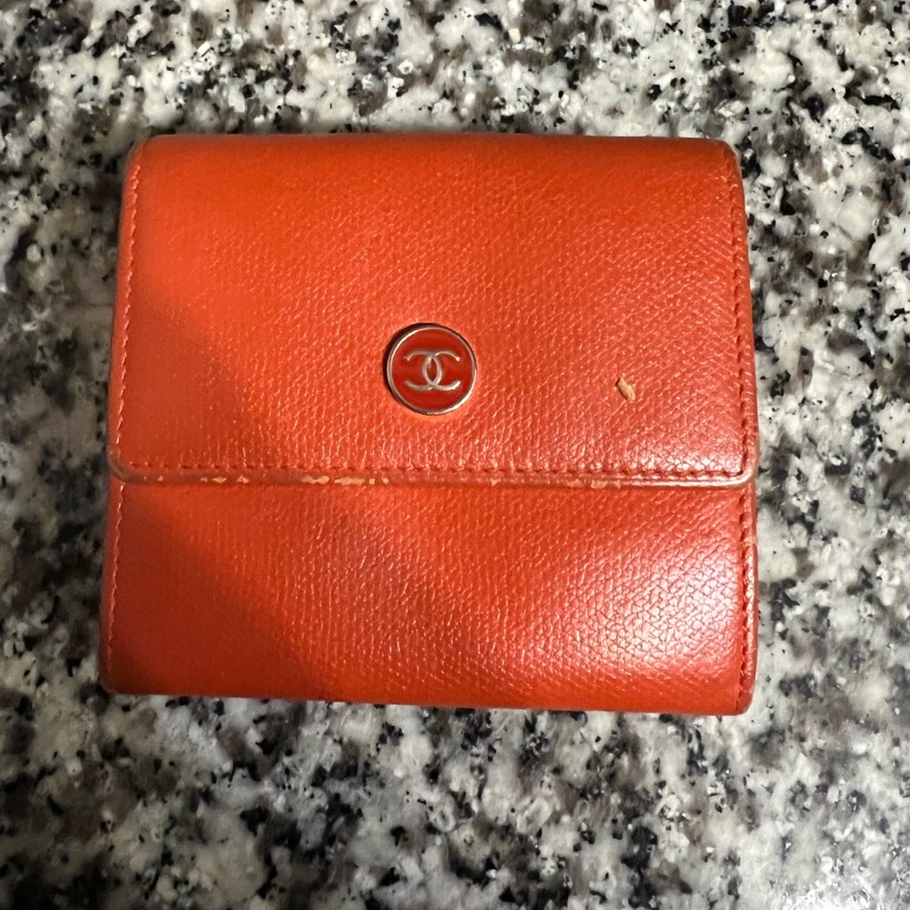Grained Calfskin Chanel Button Compact Wallet Ora… - image 1